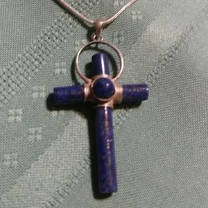 MEN'S- LAPIS LAZULI CROSS STERLING PENDANT, ON 18" STERLING CHAIN.